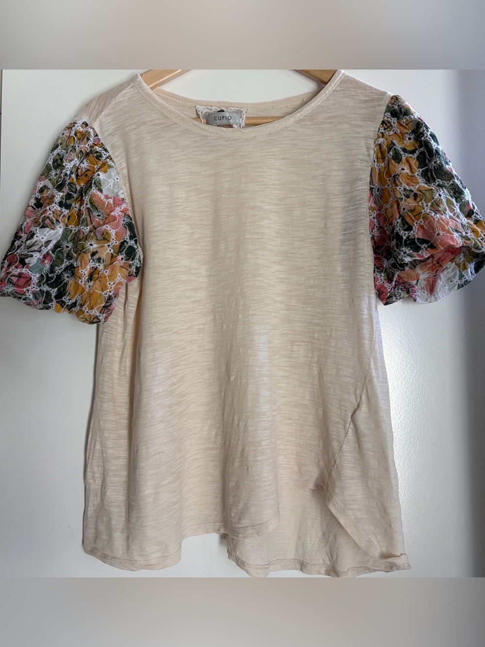 CUPIO Cream Tee with Multicolor Floral Puff Sleeves